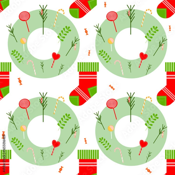 Fototapeta Festive seamless vector pattern featuring green Christmas wreaths with candies, lollipops, and red stockings, perfect for 2026 holiday wrapping paper, textiles, and seasonal design projects.