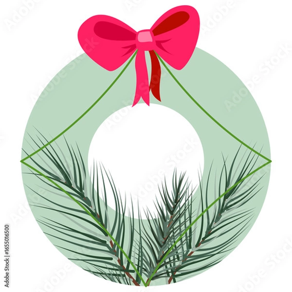 Fototapeta Vector Christmas wreath featuring lush pine branches arranged in a green circular frame, topped with a bright red festive bow. Perfect for holiday cards, seasonal decor, and winter celebrations.