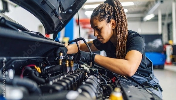 Obraz Skilled female mechanic diligently inspects and maintains a vehicle engine in a professional automotive workshop, ensuring peak performance and reliable car care.