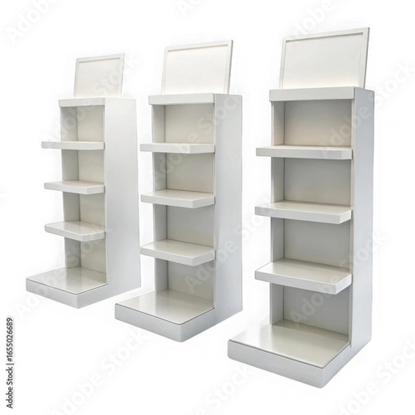 Fototapeta Three white retail display shelving units isolated on transparent background