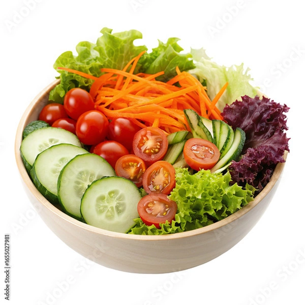 Fototapeta Fresh vegetable salad bowl with lettuce, cucumber, cherry tomato, and carrot mix healthy food