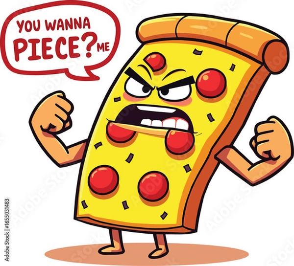 Fototapeta Angry pizza slice with penny challenge pose, funny fast food character vector