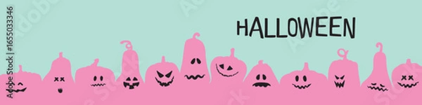 Fototapeta Funny pink pumpkins are arranged in a row on a blue long banner. Characteristic pumpkins with carved faces for Halloween. Halloween banner. Vector illustration.