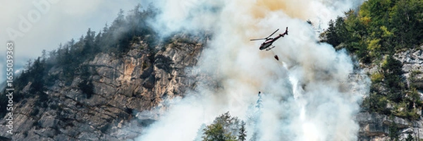 Obraz Helicopter Firefighting over Smoky Forest Wide Banner
