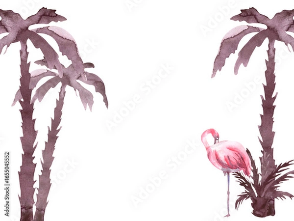 Obraz Watercolor frame with palm trees and pink flamingo. Watercolor illustration of Tropical landscape. Silhouette of tropical tree and bird. Summer tropical designs for invitation, card, cosmetic package