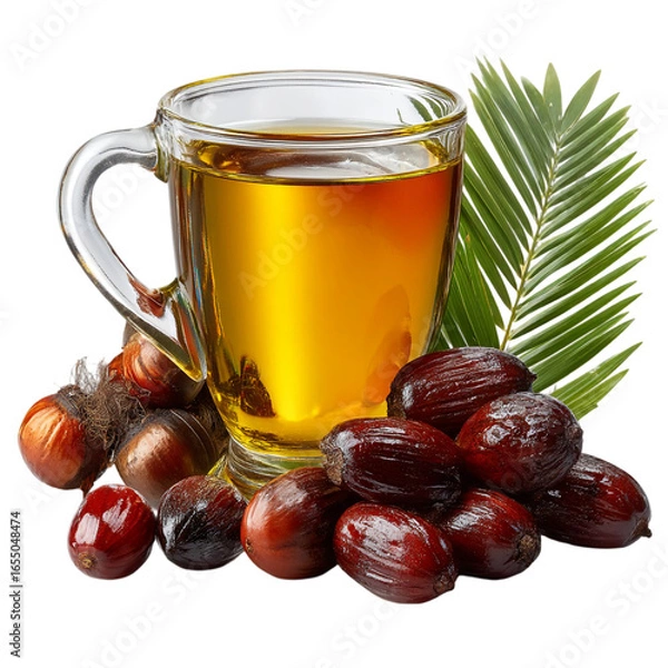 Fototapeta A clear mug filled with golden liquid surrounded by palm fruit and leaf isolated on transparent background