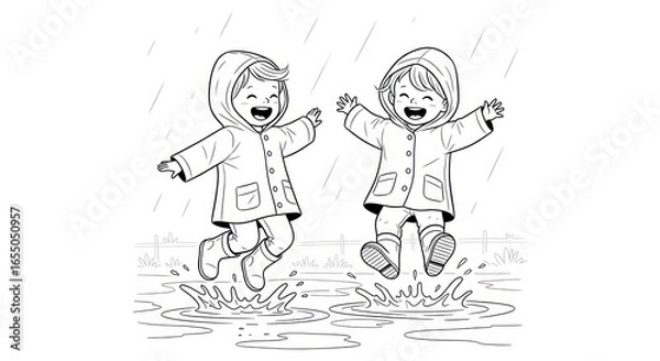 Fototapeta Happy cartoon children in raincoats jumping and splashing in puddles. A black and white line art illustration for a coloring book activity.