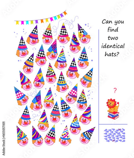 Fototapeta Can you find two identical hats? Logic puzzle for children and adults. Game Seek and Find. Page for kids brain teaser book. Task for attentiveness. IQ test. Hand drawn vector illustration.