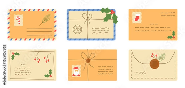 Obraz Set of Christmas envelopes. Collection of envelopes with mail, postage stamps and postcards.Vector illustration