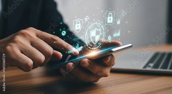 Fototapeta Close up of hands holding a modern smartphone with digital security icons and data streams emanating from the screen