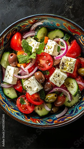 Fototapeta greek salad with feta cheese, red onions, cucumbers, and olives