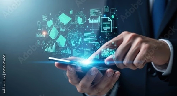 Fototapeta Business professional interacting with a futuristic holographic interface projected from a smartphone device