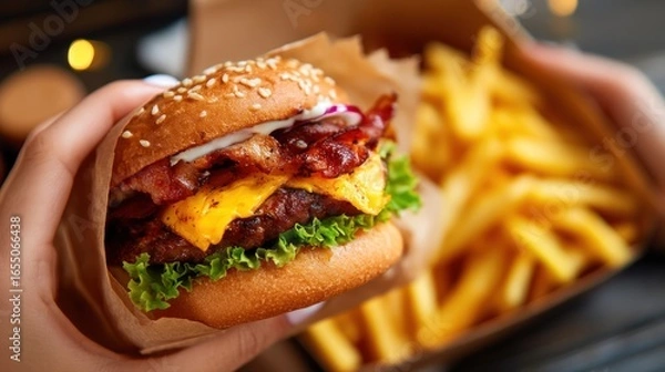 Fototapeta Handheld cheeseburger with bacon and fries