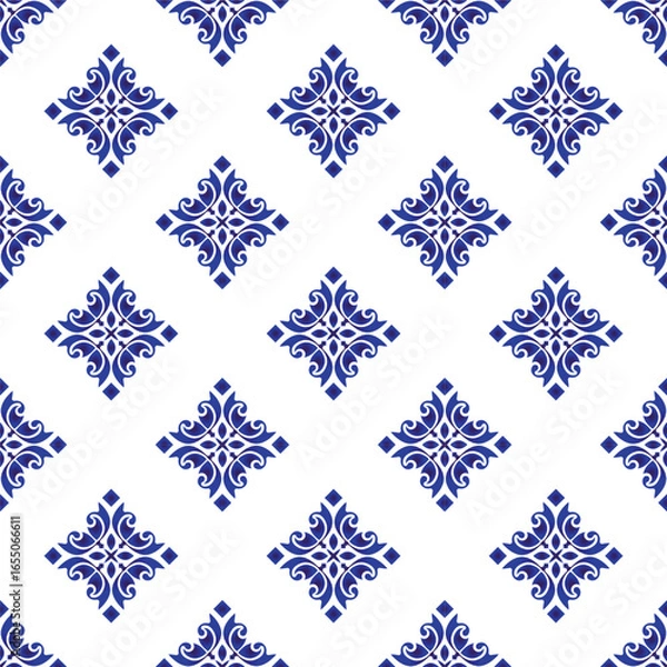 Obraz Blue and white seamless pattern. Porcelain background. Chinaware design. Abstract shape backdrop for design ceramic, tile, texture, wall, paper and fabric. Damask wallpaper vector illustration