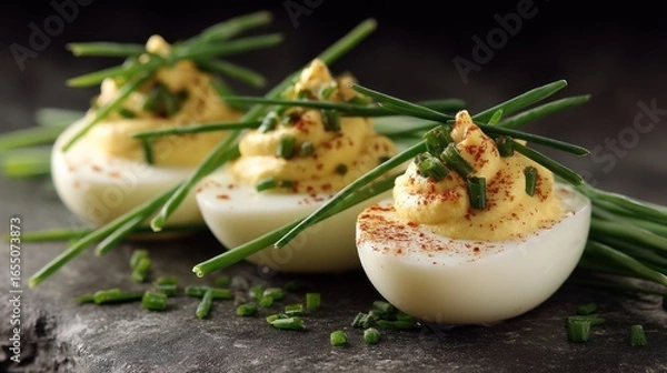 Fototapeta Deviled eggs closeup with garnish