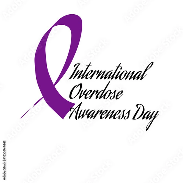 Fototapeta Vector design featuring a purple ribbon and calligraphy text International Overdose Awareness Day, representing prevention, remembrance, and global awareness against drug overdose