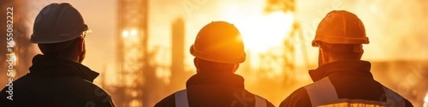 Fototapeta Team of steam operators celebrates safe work achievements at sunset on industrial site