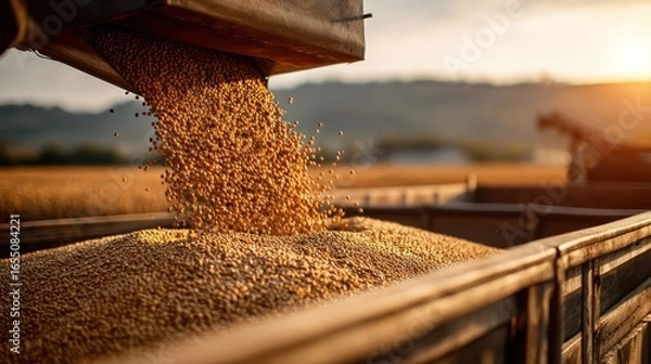 Fototapeta Soybeans loading process at farm