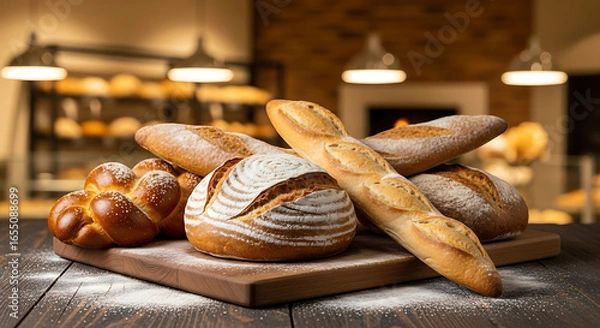 Fototapeta Artisan bread on rustic wooden board, flour dusted around, warm bakery commercial aesthetic