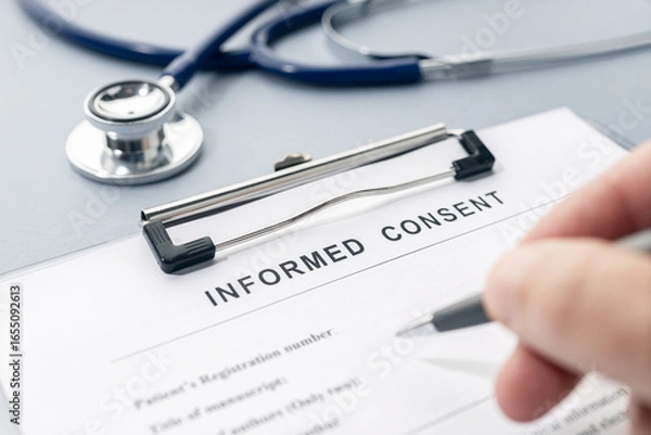 Fototapeta Hand filling a Informed Consent form and stethoscope on desk