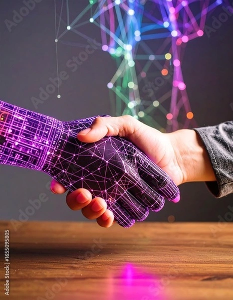Fototapeta Futuristic handshake between human and robot