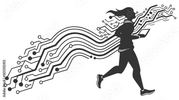 Fototapeta Silhouette of a woman running with a tablet and a circuit board design flowing behind her in black and white created with generated ai
