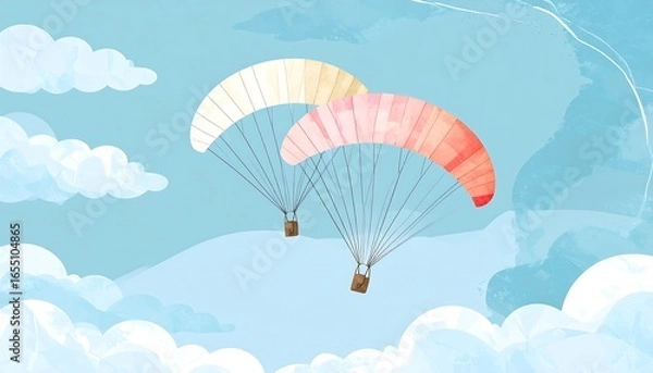 Fototapeta Two vibrant paragliders soar through a pastel-hued sky, a serene image of freedom and adventure.