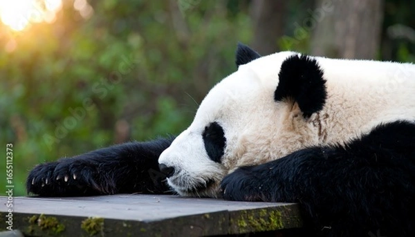 Fototapeta A sleepy giant panda rests peacefully on a wooden surface, bathed in soft morning light.