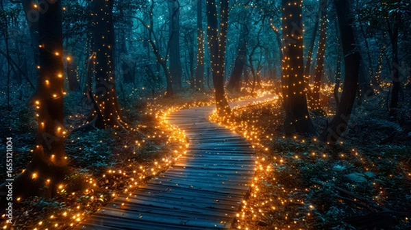 Obraz Fantasy forest at night, magic lights and walkway in dark fairytale wood