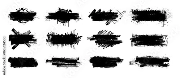 Fototapeta Bold black brush strokes with splatters, scribble texture, spray paint, grunge style. Dried stencil smear, ink stains with paint drips and dirty scribbles for logo, text. Vector grunge graphic set
