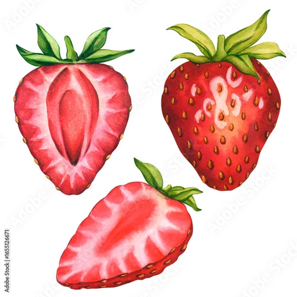 Obraz A set of ripe and juicy strawberries. Whole strawberries and halves of berries. watercolor illustration Strawberries with cut in half isolated. Ripe sliced strawberries for tea, jam or cosmetics label