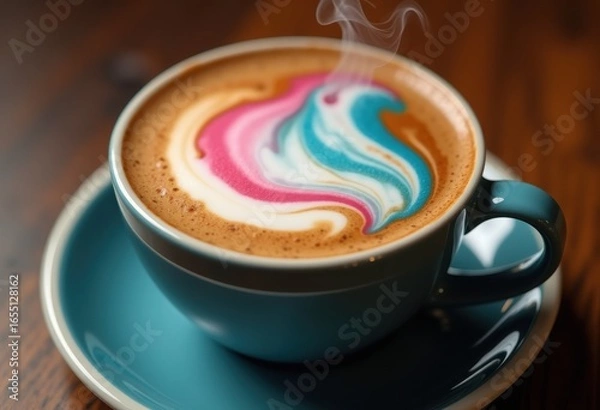 Fototapeta beautifully crafted latte art vibrant foam colors intricately swirled captivating coffee experience, cup, barista, espresso, design, creamy, pattern