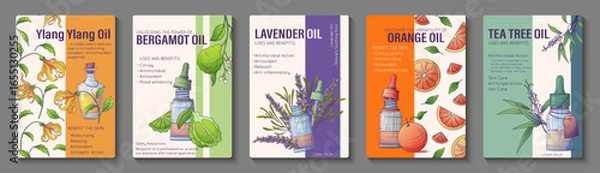 Fototapeta Set of 5 vector infographic posters with glass bottles of essential oils: orange, bergamot, ylang-ylang, lavender, and tea tree. Aromatherapy, cosmetic, wellness, and natural care design.
