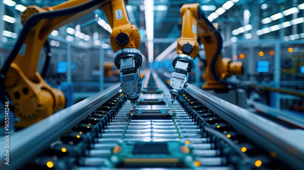 Fototapeta Industrial robots with precision and accuracy assembling circuit boards on a factory production line. This image represents modern automation, technology, and advanced manufacturing.