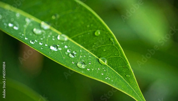 Obraz Raindrops on Lush Green Leaf: Close-up shot of a vibrant green leaf glistening with refreshing water droplets, embodying the purity and freshness of the natural world.
