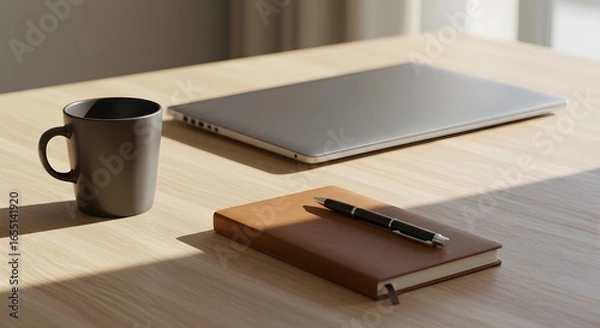 Fototapeta Organized desk with coffee and notebook