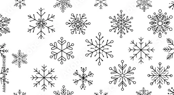 Obraz A collection of various handdrawn black outline snowflakes Doodlestyle winter ice crystal illustrations.