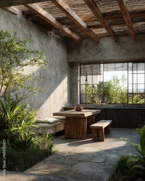 Obraz Rustic indoor-outdoor dining area with wooden beams and greenery