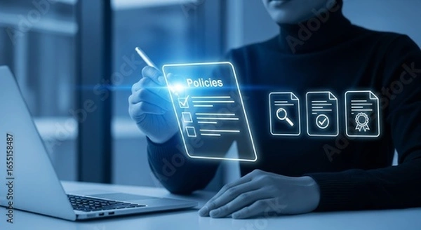 Fototapeta Digital Policy Review: A person interacts with a holographic interface displaying policies, symbolizing meticulous review and careful consideration.