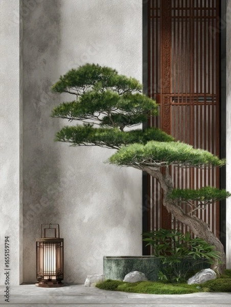 Obraz Zen garden with bonsai and lantern