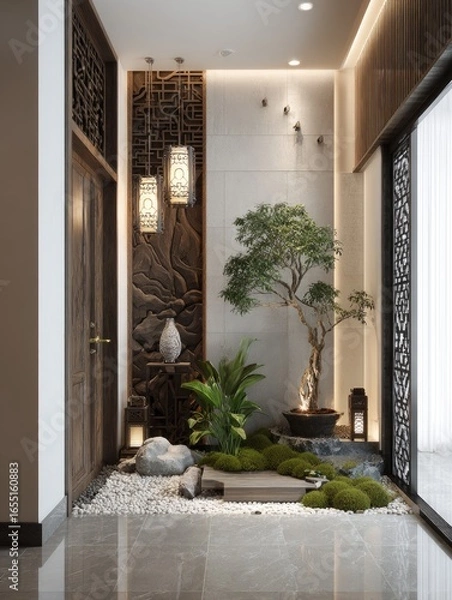 Obraz Tranquil entryway with zen garden, wood paneling, and hanging lights