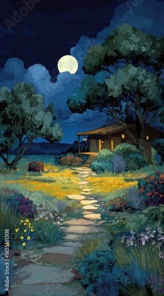 Obraz Nighttime landscape, rustic cabin, moonlit path