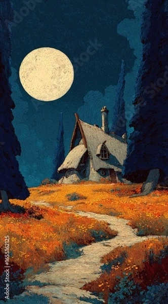 Obraz Cottage under a full moon, path through field