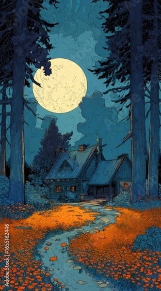 Obraz Moonlit cabin in a forest