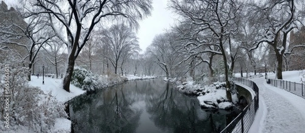 Obraz Snowy park path by frozen water