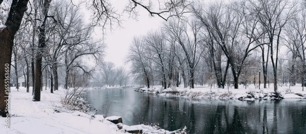 Obraz Snowy winter landscape with river and trees