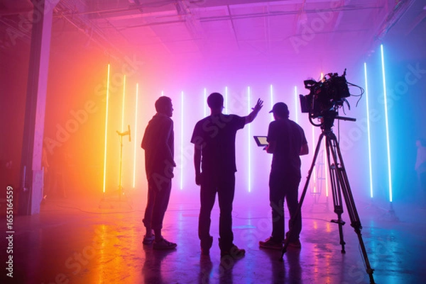 Fototapeta Three young men standing in silhouette discussing film production in front of vertical neon lights with professional video camera on tripod in industrial studio setting