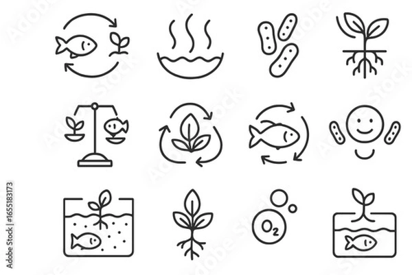 Obraz Aquaponics Ecosystem Icons. Line style icons of ecosystem balance in aquaponics: fish-plant cycle, water clean icon, bacteria