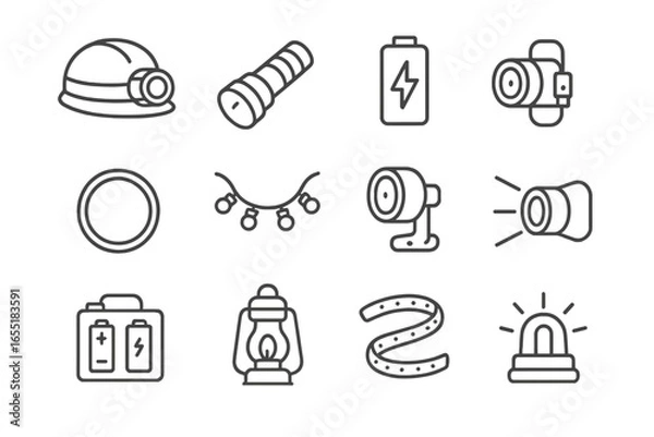 Obraz Cave Lighting Icons. Line style icons of cave lighting accessories: helmet-mounted lamp, hand torch, battery cell icon, USB
