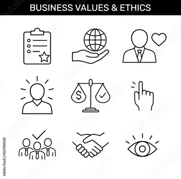 Fototapeta Set of business values and ethics outline icons with checklist, global responsibility, leadership, justice balance, decision making, teamwork, trust, integrity, and transparency